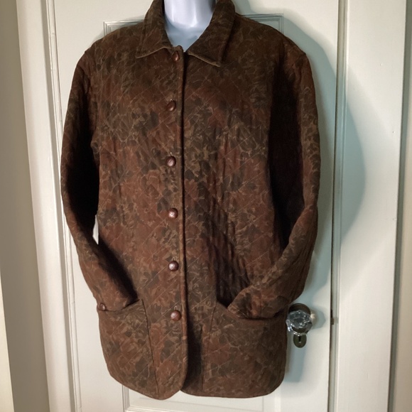 Vintage 90s Jones New York Brown Burgundy Floral quilted oversized Jacket SM - Picture 1 of 13